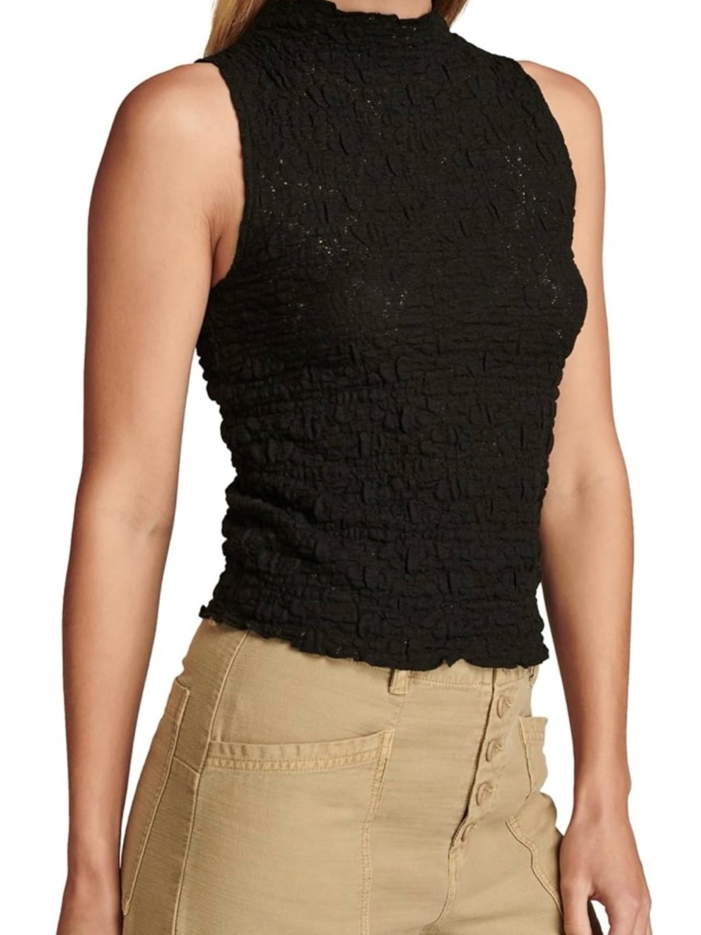 Lucky Brand Black Sleeveless Mock Neck Textured Tank Top - Women